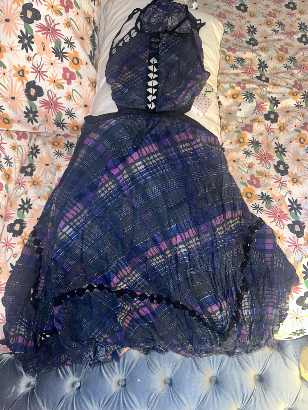 Free People Navy, Purple and Pink Plaid Midi Dress